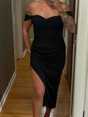 NWT Abercrombie - ruched chiffon midi dress with side slit - black - Medium Tall